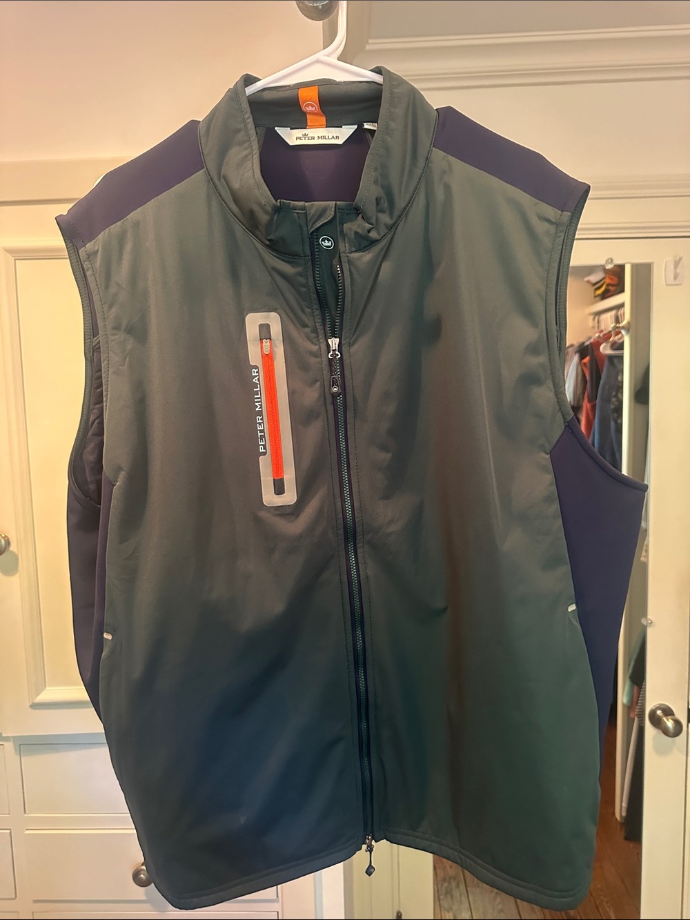 Peter Millar Olive & Navy Softshell Vest with Orange Zip Trim